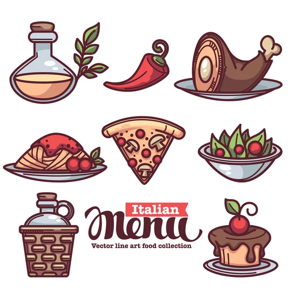 Italian menu, vector collection of flat linear food and beverage — Stock Vector