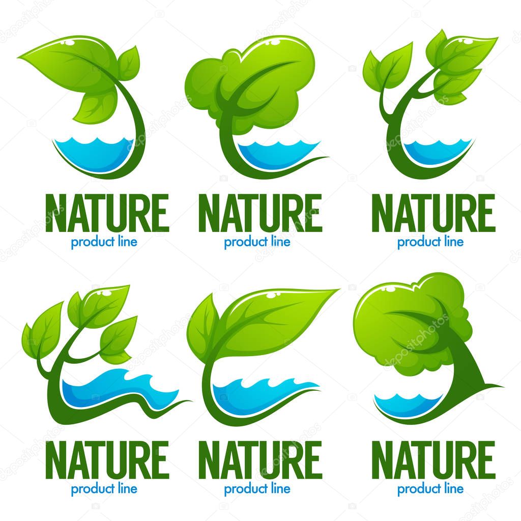 Vector collection of decorative green leaves, trees and blue waters for your logo, label, emblems