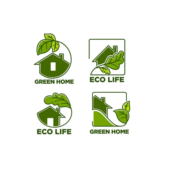 Vector uppsättning ekologiska bostäder, gröna blad och träd för din — Stock vektor