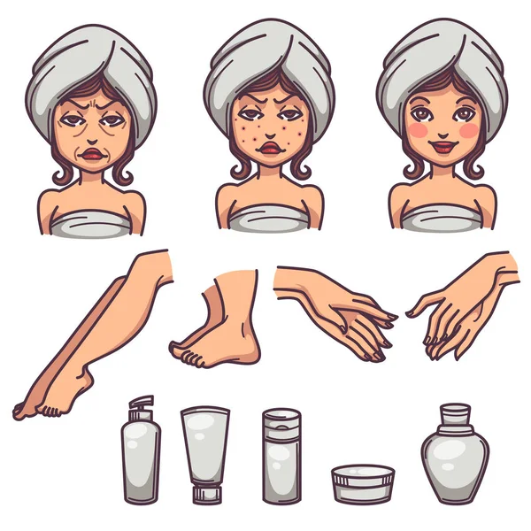 Beauty, skin care and body treatment, skin problems and beauty p — Stock Vector
