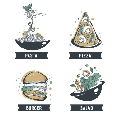 Makarna, pizza, salata ve hamburger, el yazı ile çizilmiş kroki