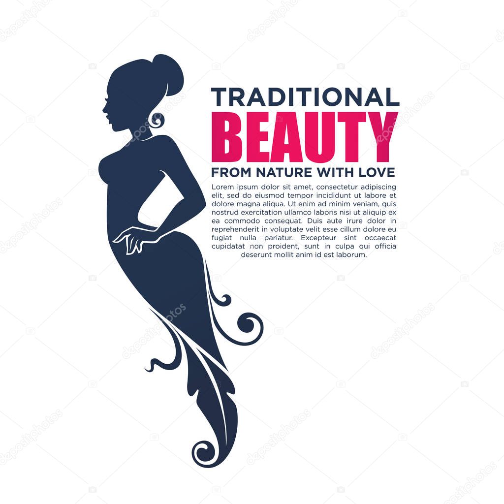Beautiful girl in floral dress, vector illustration, for your logo, label, emblem
