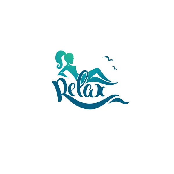 Relax logo template, image of girl, sea and lettering compositio — Stock Vector