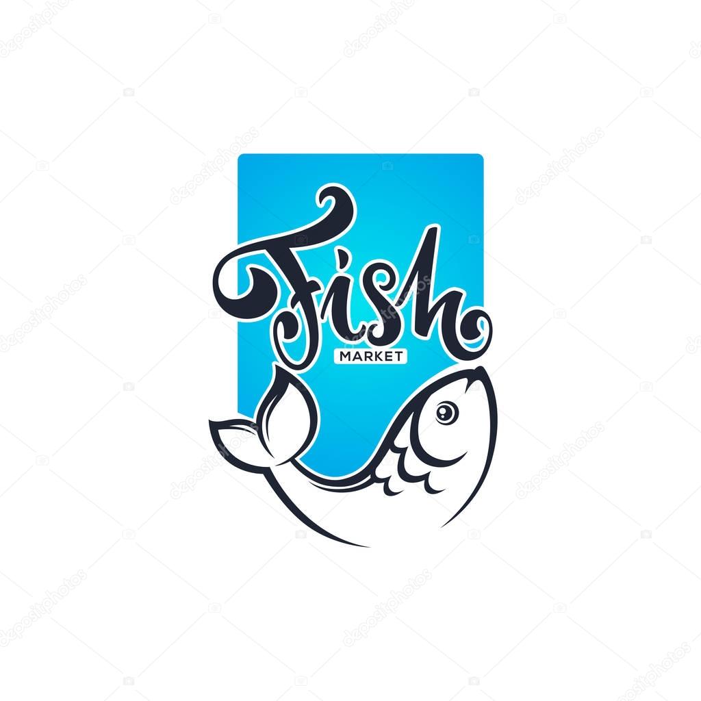Fish market or shop logo with lettering comosition and carp imag