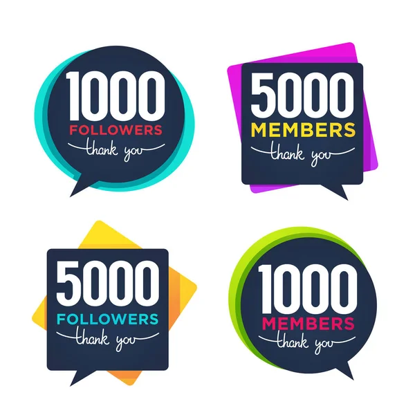 1000 követői és a tagok, köszönöm, keretek, buborékok, és banne — Stock Vector