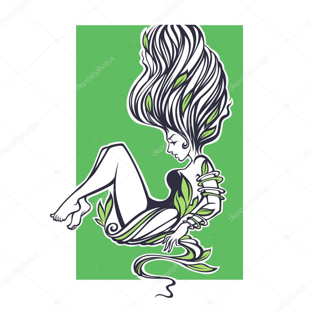 Beautiful girl in floral dress, vector illustration