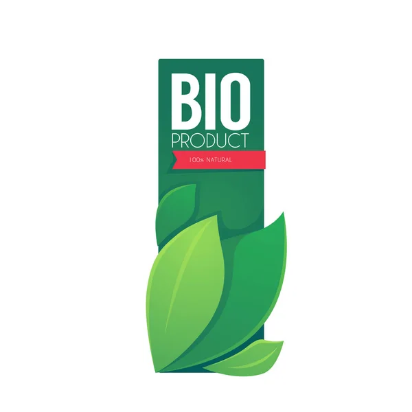 Bio-Produkt vertikale Etikettenschablone mit grünen Blättern und Buchstaben — Stockvektor