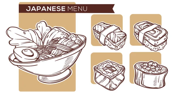 Esboços desenhados à mão de comida japonesa, para seu macarrão e sushi me — Vetor de Stock