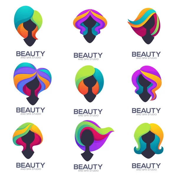 Colección vectorial de siluetas de cabeza de mujer con trandy ombre ha — Vector de stock