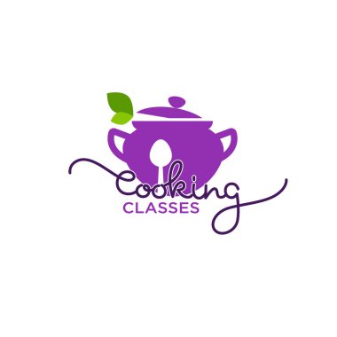 Pişirme dersleri logo şablonu, resim pot, yemek kaşığı, bir
