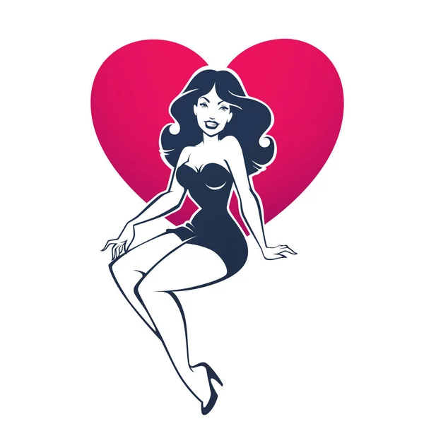 Szexi és szépség retro pinup hölgy szív alakú háttér-y — Stock Vector