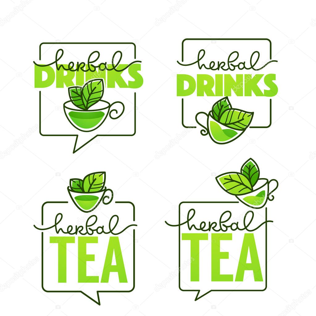 Herbal drinks vector line art logo with handrawn lettering composition and cup of herbal tea