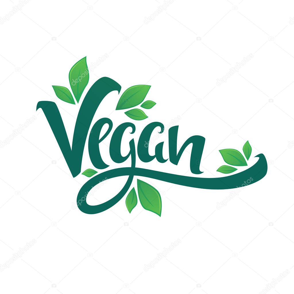 Vegan, healthy and organic, green glossy leaves and lettering composition for your labels, logo, emblems design template