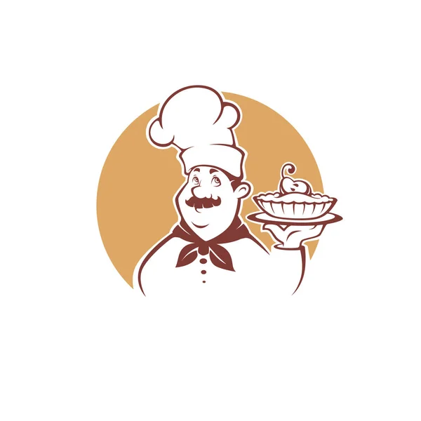 Feliz chef de dibujos animados sosteniendo un pastel de pera dulce, vector de ilustración — Archivo Imágenes Vectoriales