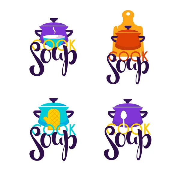 Sopa de cozinhar, modelo de logotipo vetorial com imagem de tigela de desenho animado, spoo — Vetor de Stock