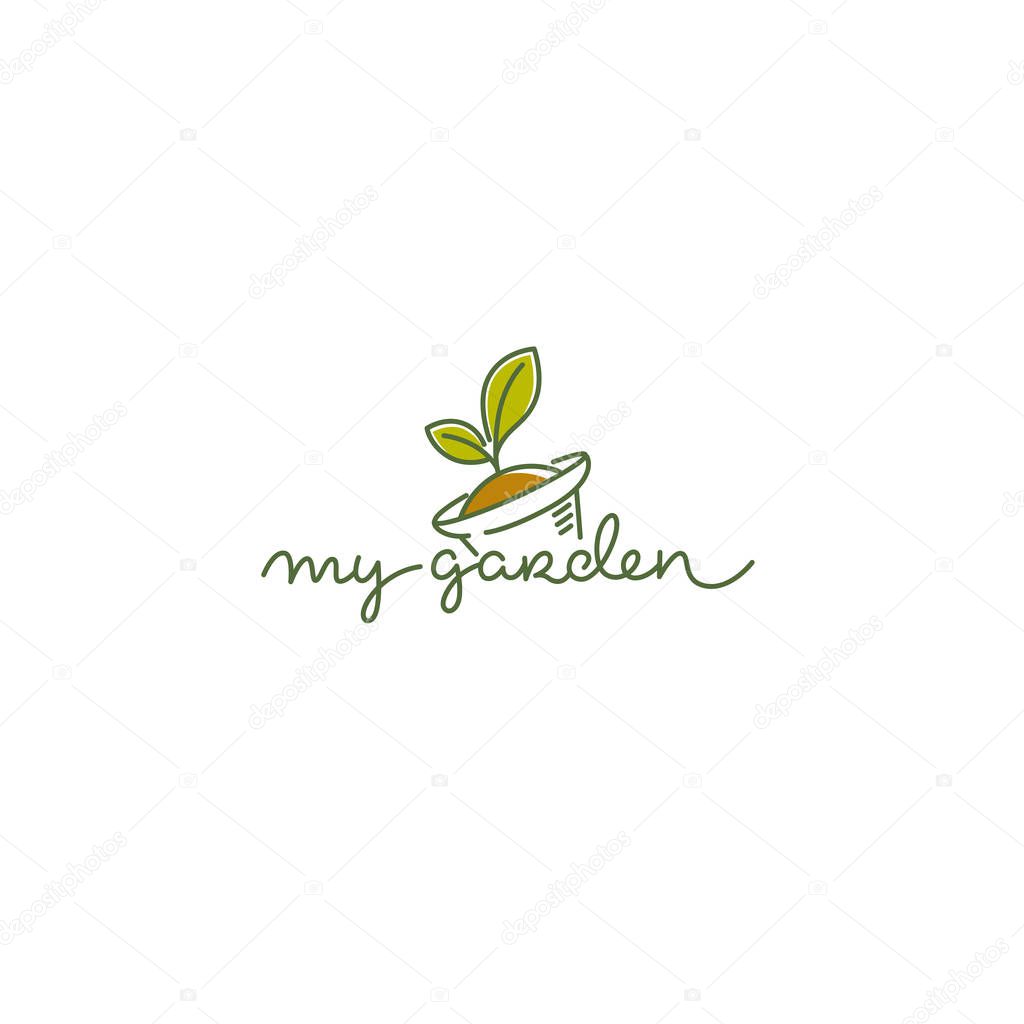 My Garden vector logo template with line art image of plant, pot and doodle calligraphy lettering composition