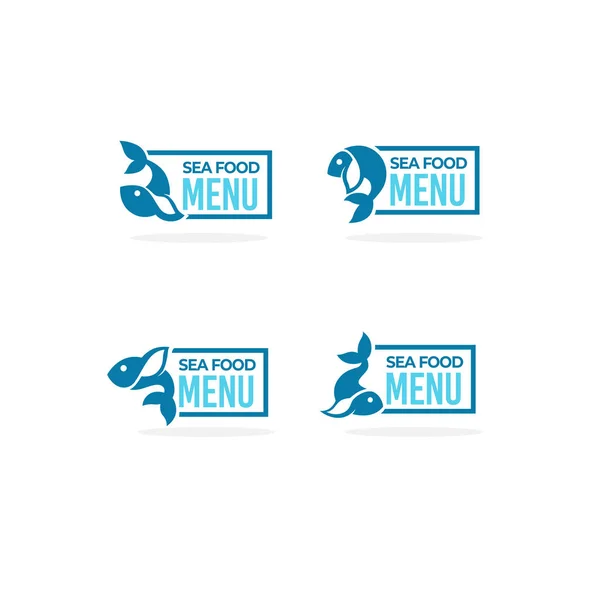 Морская еда Mrnu, логотип, этикетка, ярлык, с изображением маленькой простой рыбы — стоковый вектор