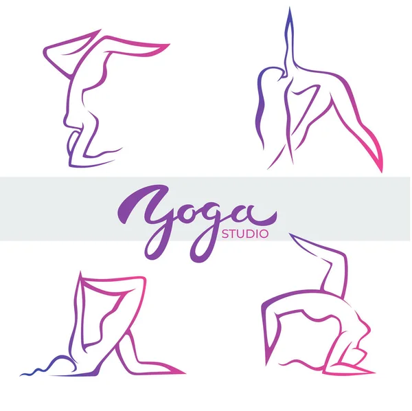 Yoga poses, vector logo sjabloon met belettering samenstelling en — Stockvector