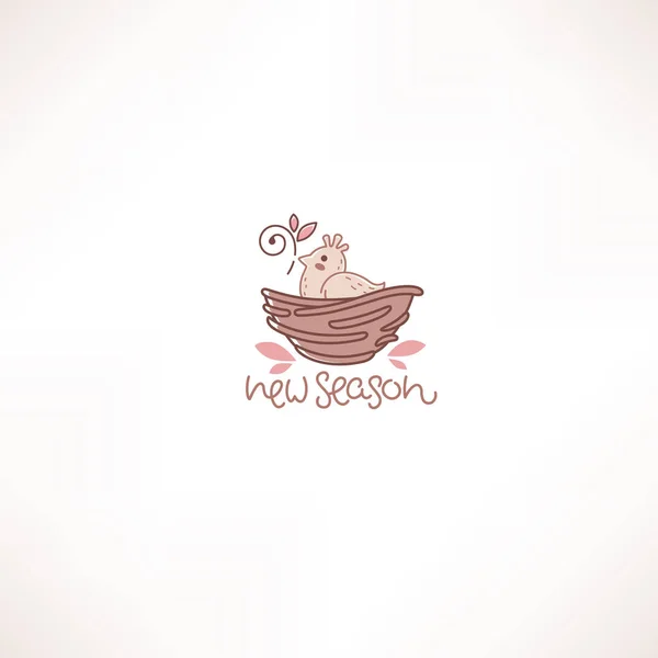 Little cute cartoon bird in the nest, doodle line art logo label — Stock Vector