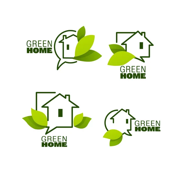 Conjunto Vectores Casas Ecológicas Hojas Verdes Árboles Para Sus Signos — Vector de stock