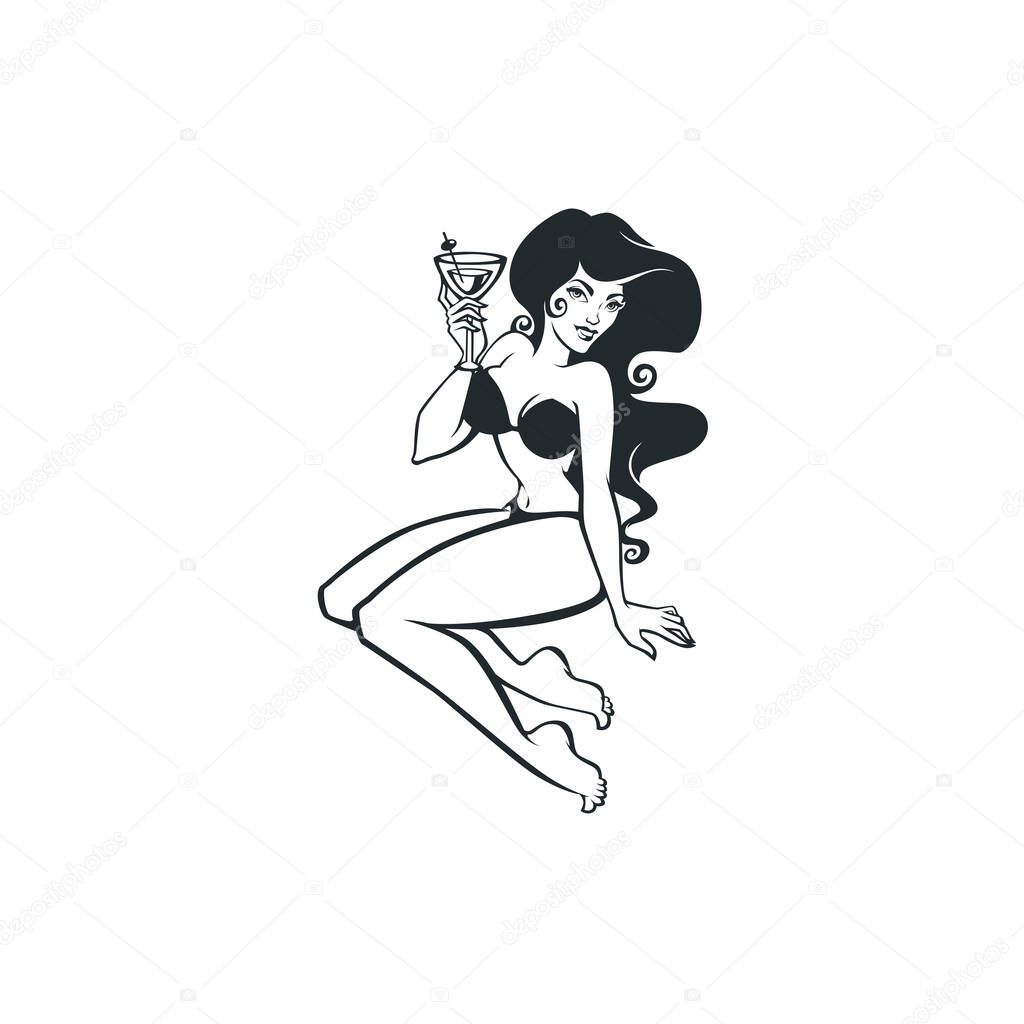 Sexy and beauty retro pinup girl holding a cocktaile glass for your logo or label design
