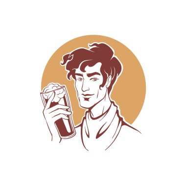 Yakışıklı barmen elinde bira bardağı, logo etiketin için vektör çizimi, amblem.
