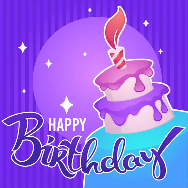 光沢のある輝きの誕生日カードベクトルテンプレート誕生日ケーキやキャンドルのイメージとレタリング組成物 — ストックベクタ