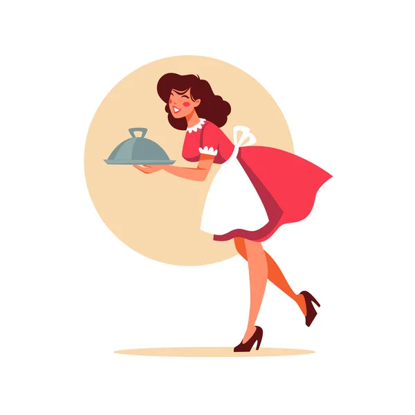 Retro Waitress Holding Plate Plate Illustration Cartoon Style Your Logo — Stock Vector