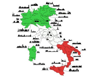 İtalyan şehirleri siluetleri ile İtalya Haritası