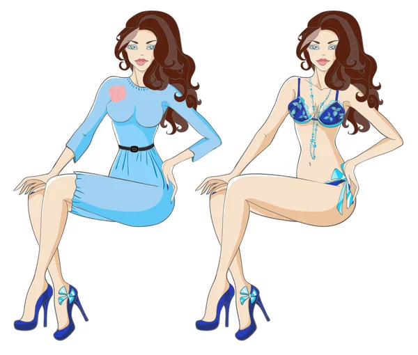 Brunette woman in blue dress with rose and in underwear Vector Graphics