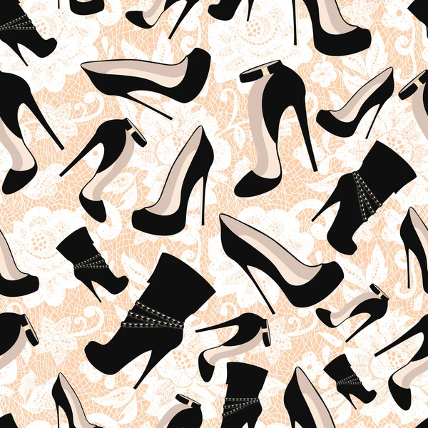 Seamless pattern of black shoes against white lace Royalty Free Stock Vectors