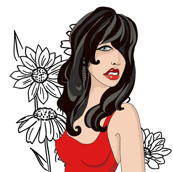 Brunette en rouge sur un fond de fleurs noires — Image vectorielle