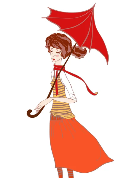 Girl In Autumn Colors In The Scarf And An Umbrella In The Rain — Stock Vector