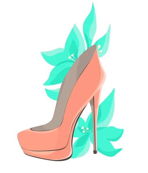 Coral Pink High-Heeled Shoes With Mint Flowers — Stock Vector