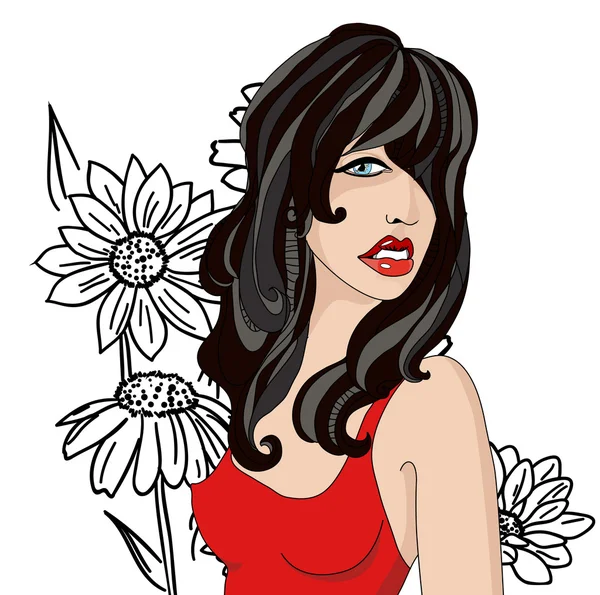 Brunette In Red On A Background Of Black Flowers Stock Vector
