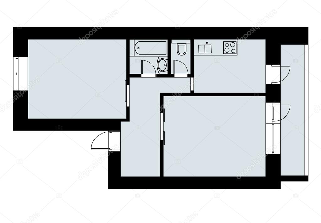 Simple Plan Drawing One Bedroom Apartment With Plumbing On A