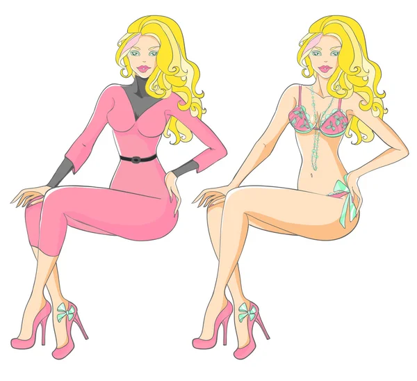 Tanned blonde in pink corduroy suit with heels and lingerie — Stock Vector