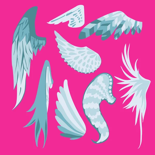 Ensemble de belles ailes blanches et bleues mignonnes sur un fond rose Illustrations De Stock Libres De Droits