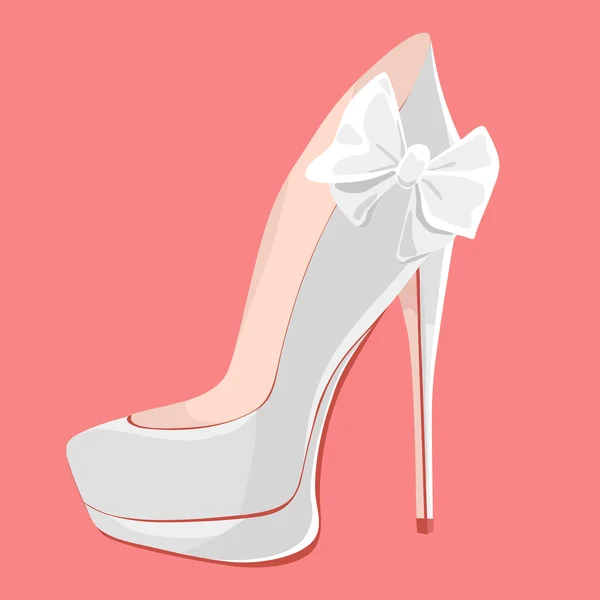 White Wedding Shoes With High-Heels With A Bow On A Pink Backgro — Stock Vector