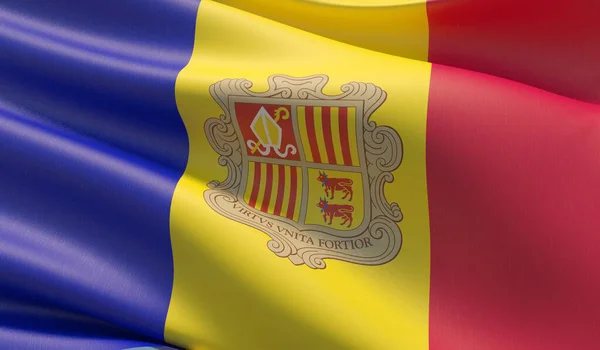 Waved highly detailed close-up flag of Andorra. 3D illustration. — Stock Photo, Image