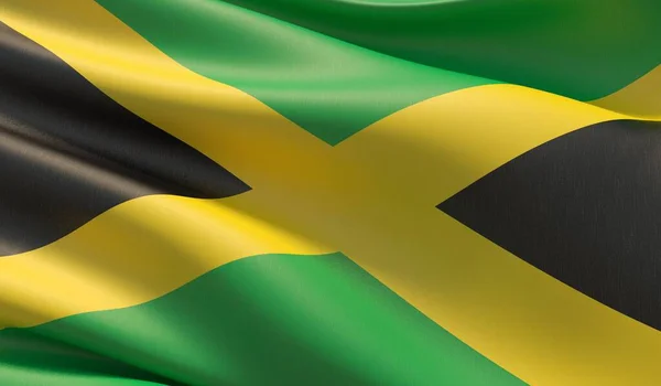 Bandiera close-up ad alta risoluzione della Giamaica. Illustrazione 3D . — Foto Stock