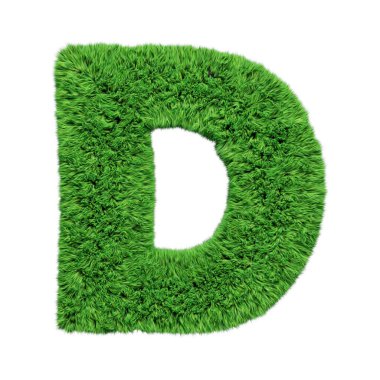 Bitkisel çim alfabesi büyük harf D beyaz üç boyutlu resimde izole edilmiş..