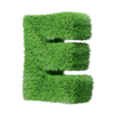 Bitkisel çim alfabesi büyük harf E, saat yönünde döndü. Beyaz 3d resimde izole edilmiş.