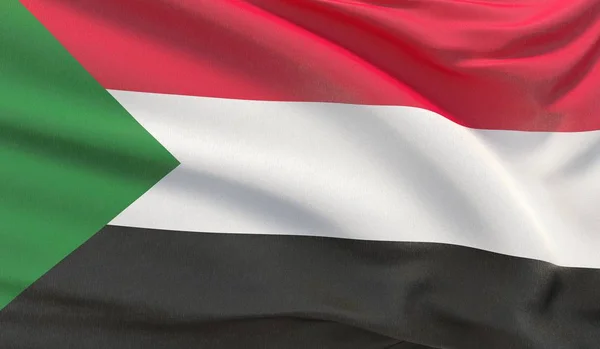 Szudán nemzeti zászlaját lobogtatva. Hullámos nagyon részletes közelkép 3d render. — Stock Fotó