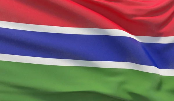Gambia nemzeti zászlaját lengetve. Hullámos nagyon részletes közelkép 3d render. — Stock Fotó