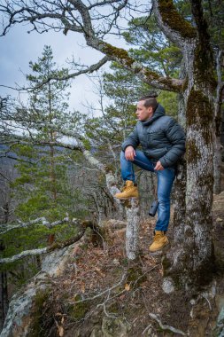 Tek gözlüklü gezgin yaşlı ağacın yanında dur ve uzaklığa bak..