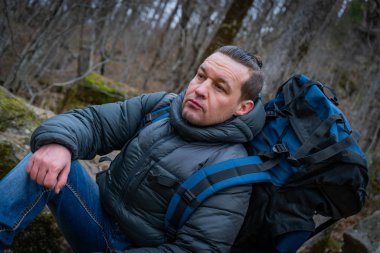 Gezgin, sık bir sonbahar ormanında yaşlı bir ağaçta oturur.