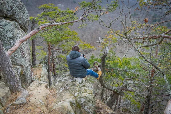 Путешественник с моноклем сидит на большой ветке хвойных деревьев и смотрит вдаль . — стоковое фото