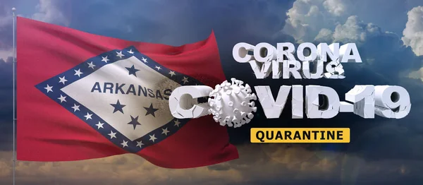 Coronavirus 2019-nCoV quarantine concept on waved state of Arkansas flag. Waving flag on sunset sky background 3D illustration.
