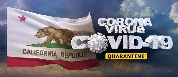 Concepto de cuarentena del Coronavirus 2019-nCoV en la bandera ondulada del estado de California. Bandera ondeante sobre fondo de cielo atardecer Ilustración 3D . —  Fotos de Stock